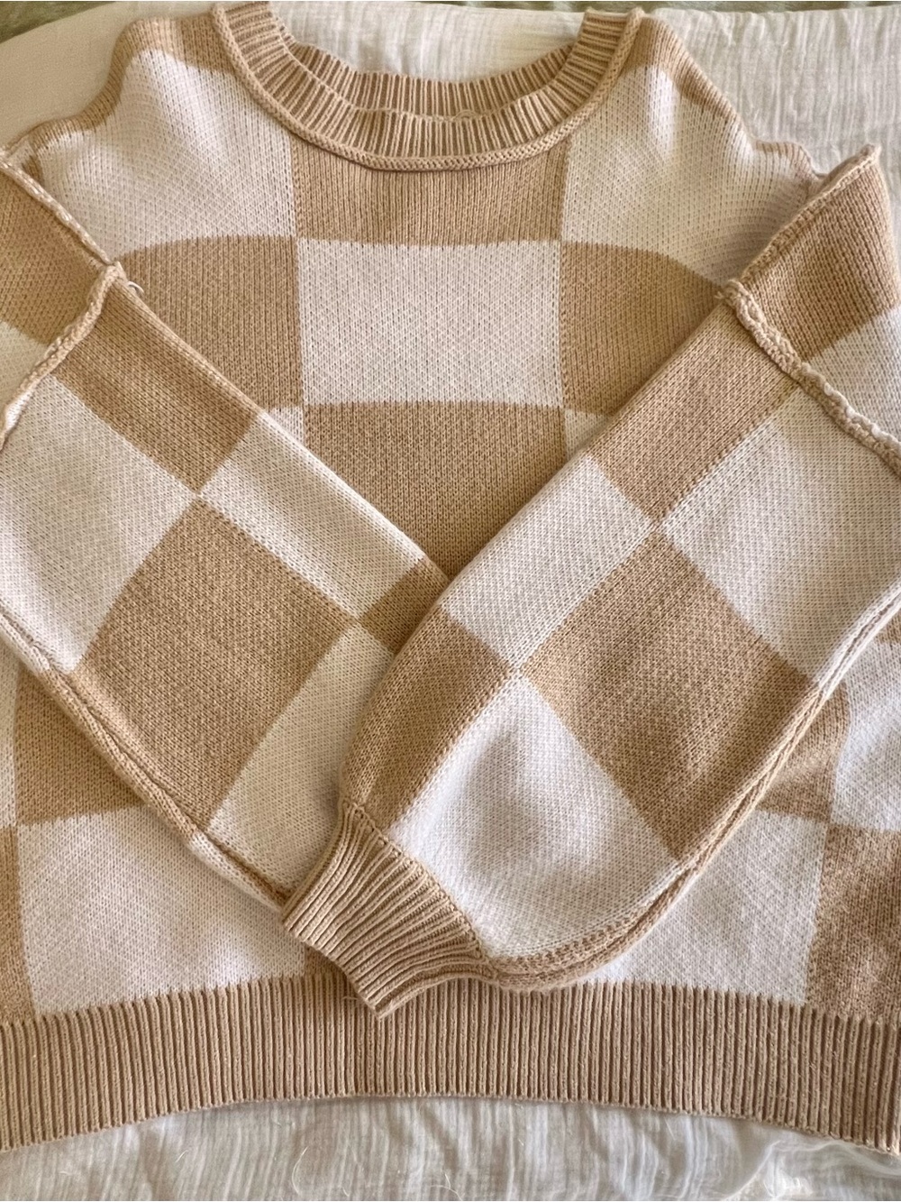 Women’s Checkerboard Crewneck Sweater in Beige and Cream